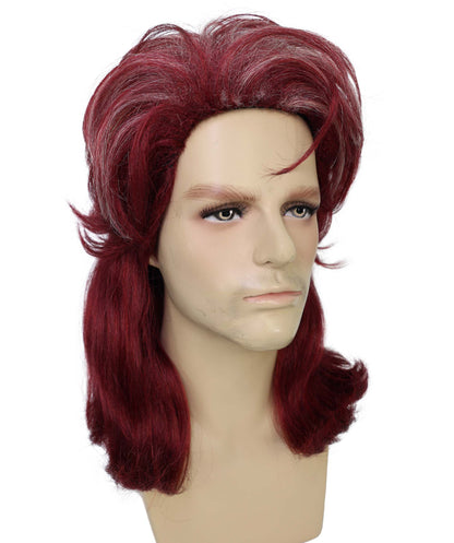 HPO Adults Men’s Retro 80s Rocker Mullet Wig | Long Layered Burgundy Wine Wig | Ideal for Halloween & Cosplay