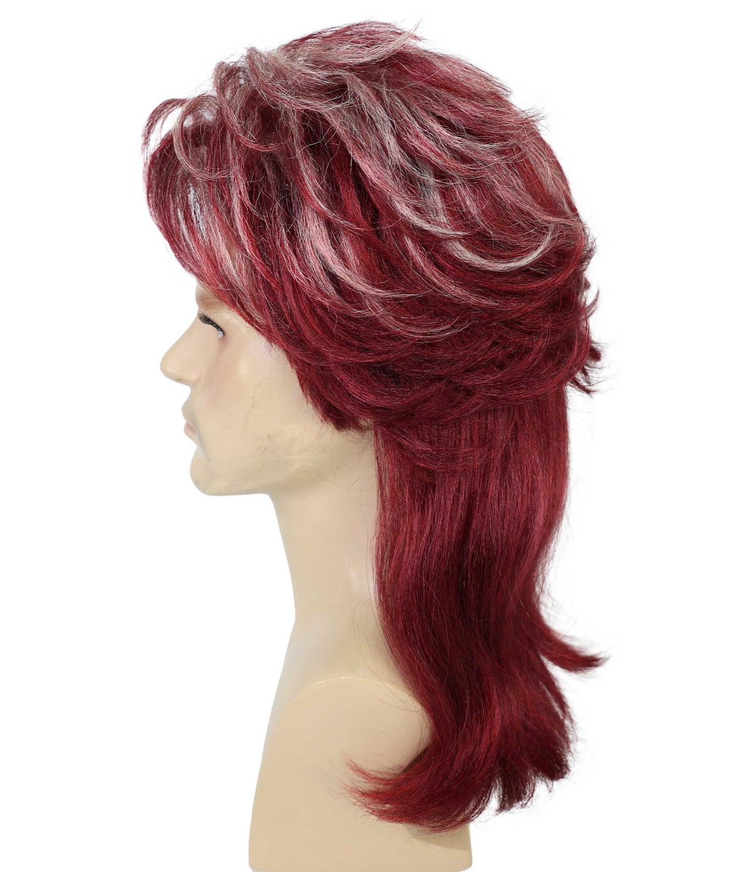 HPO Adults Men’s Retro 80s Rocker Mullet Wig | Long Layered Burgundy Wine Wig | Ideal for Halloween & Cosplay