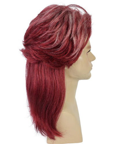 HPO Adults Men’s Retro 80s Rocker Mullet Wig | Long Layered Burgundy Wine Wig | Ideal for Halloween & Cosplay