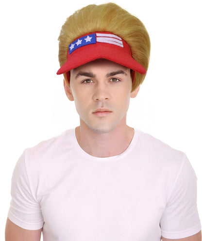 HPO  Fuzzy Blonde Hair and Red Trump Hat with Wig | Halloween and Cosplay Wig | Flame-retardant Synthetic Fiber