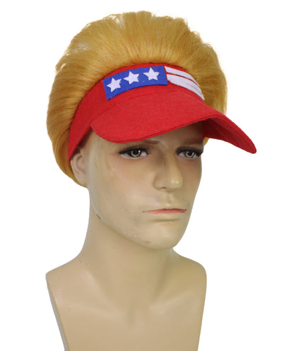 HPO  Fuzzy Blonde Hair and Red Trump Hat with Wig | Halloween and Cosplay Wig | Flame-retardant Synthetic Fiber