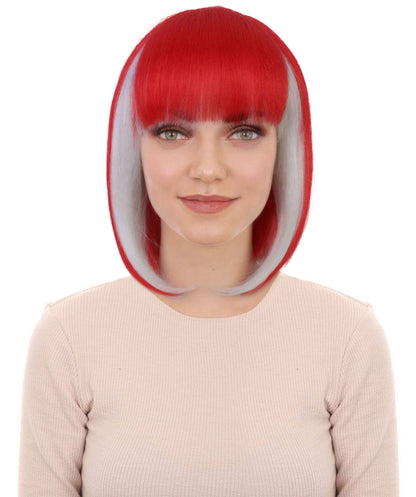 Women’s Sports Inspired Red & White Bob Wig | Football Rugby & Sports Accessory with Bangs | Ideal for Halloween | Breathable Capless Cap