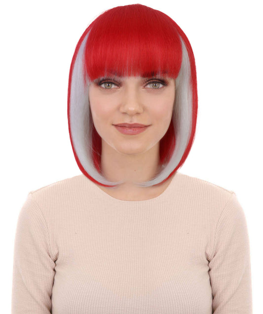 Women’s Sports Inspired Red & White Bob Wig | Football Rugby & Sports Accessory with Bangs | Ideal for Halloween | Breathable Capless Cap