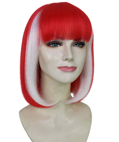 Women’s Sports Inspired Red & White Bob Wig | Football Rugby & Sports Accessory with Bangs | Ideal for Halloween | Breathable Capless Cap