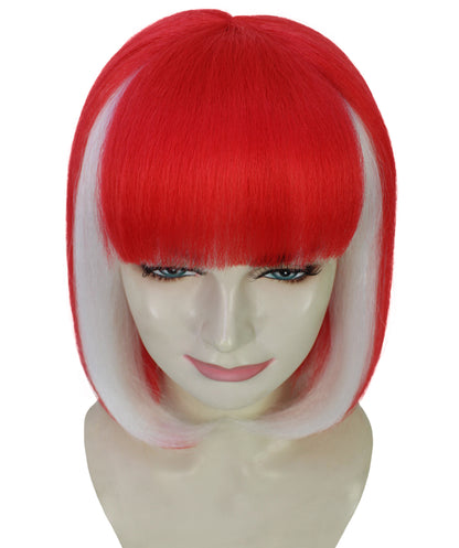 Women’s Sports Inspired Red & White Bob Wig | Football Rugby & Sports Accessory with Bangs | Ideal for Halloween | Breathable Capless Cap