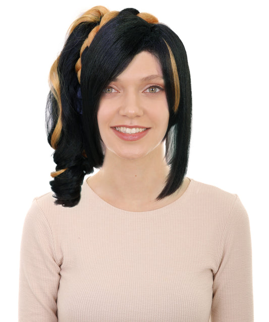 HPO Women's Black and Orange Short Wavy Braided Ponytail Wig | Halloween Wig | Flame-retardant Synthetic Fiber