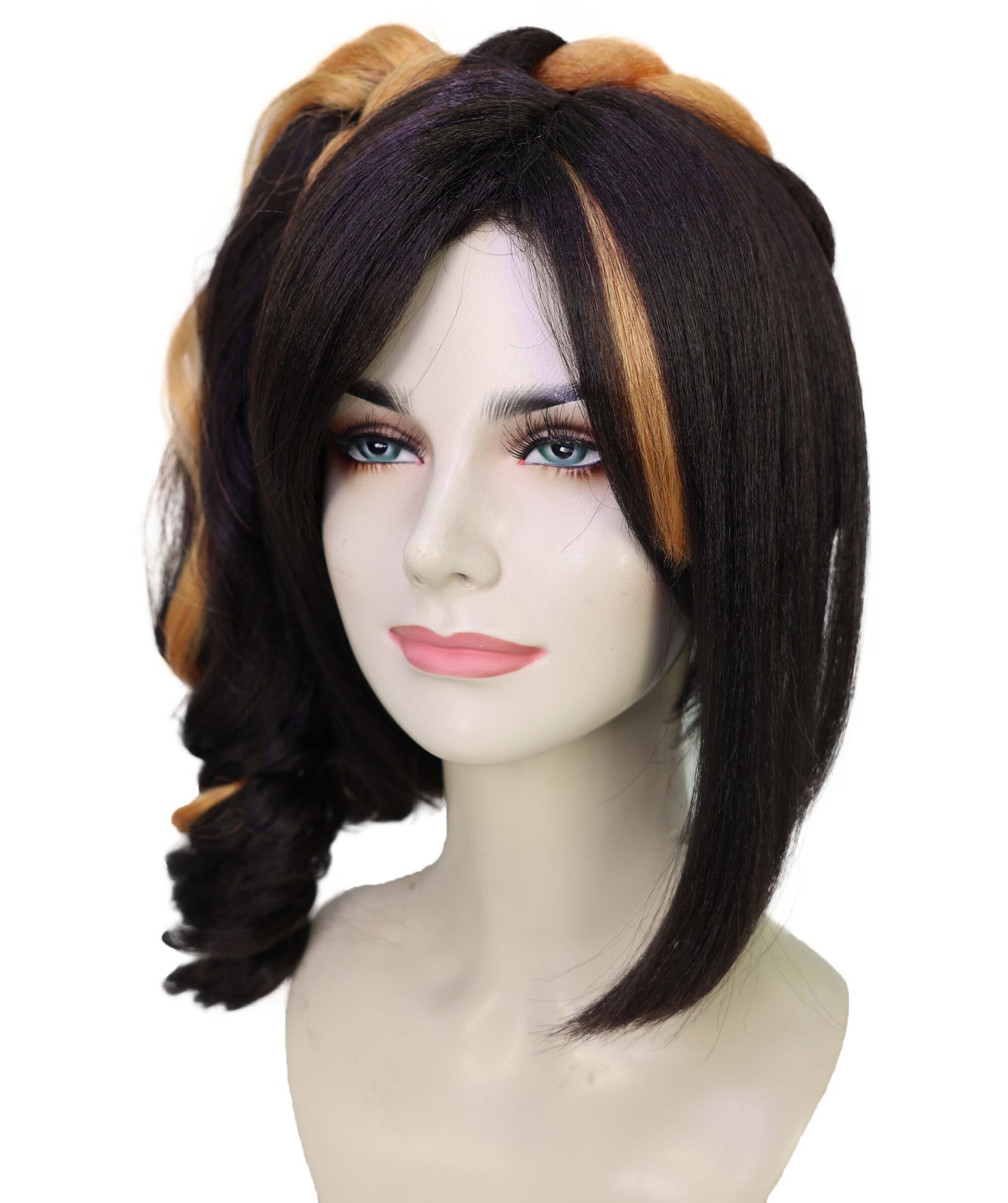 HPO Women's Black and Orange Short Wavy Braided Ponytail Wig | Halloween Wig | Flame-retardant Synthetic Fiber