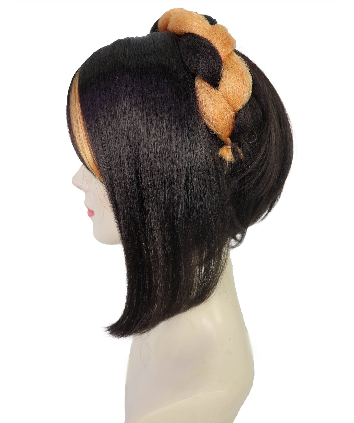 HPO Women's Black and Orange Short Wavy Braided Ponytail Wig | Halloween Wig | Flame-retardant Synthetic Fiber