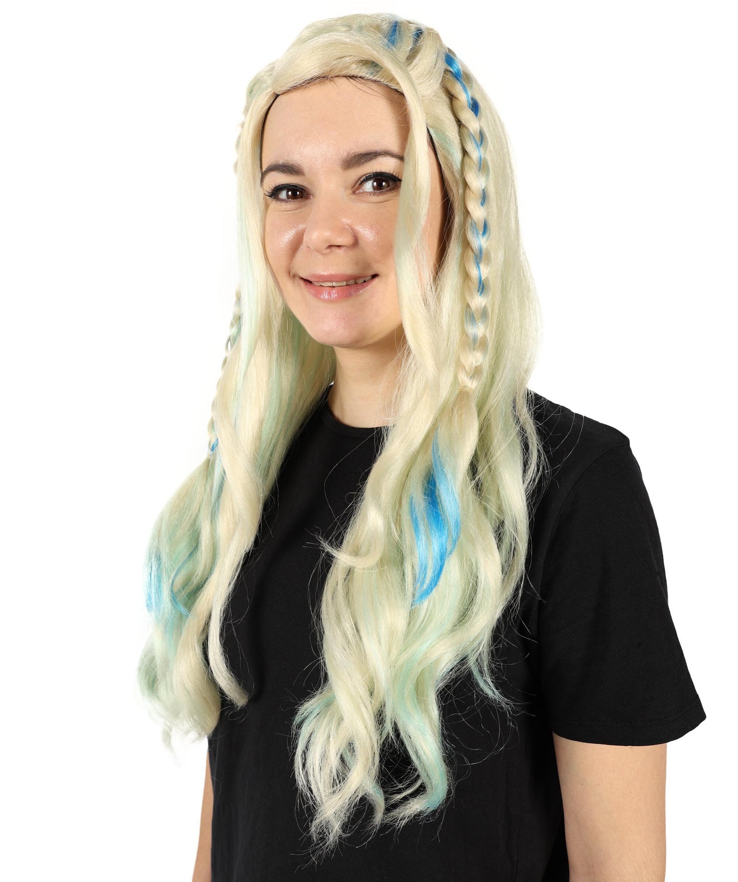 HPO Adult Long-Wavy Multiple Drag Queen Wig with Braided Style | Halloween and Cosplay Wig | Flame-retardant Synthetic Fiber