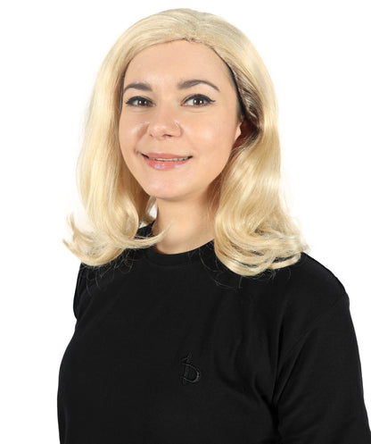 HPO Adult Women’s Voluminous Shoulder Length and Side-Parted Blonde Wavy Wig | Halloween and Cosplay Wig | Flame-retardant Synthetic Fiber