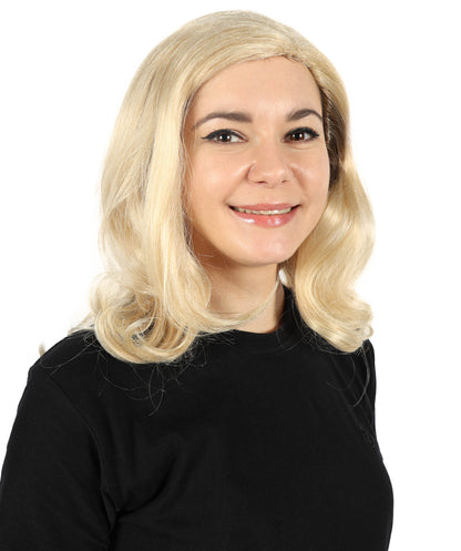 HPO Adult Women’s Voluminous Shoulder Length and Side-Parted Blonde Wavy Wig | Halloween and Cosplay Wig | Flame-retardant Synthetic Fiber