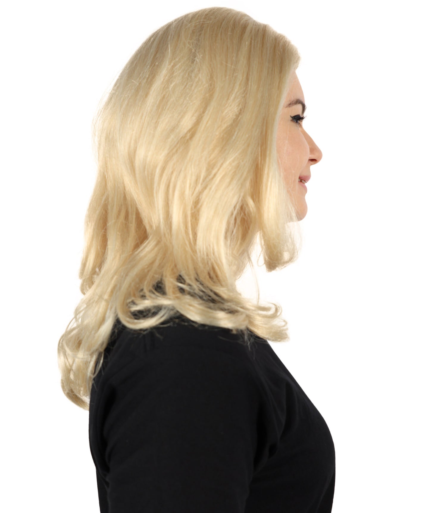 HPO Adult Women’s Voluminous Shoulder Length and Side-Parted Blonde Wavy Wig | Halloween and Cosplay Wig | Flame-retardant Synthetic Fiber