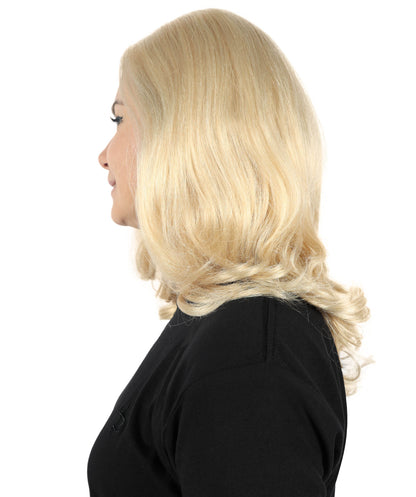HPO Adult Women’s Voluminous Shoulder Length and Side-Parted Blonde Wavy Wig | Halloween and Cosplay Wig | Flame-retardant Synthetic Fiber