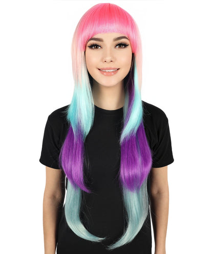HPO Adult Women Neon Colorful Cosplay Wigs - Long Smooth Hairpiece with Fringe Layers, Perfect for Anime, Roleplay and Halloween, Premium Breathable Capless Cap
