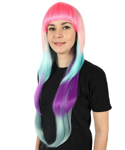 HPO Adult Women Neon Colorful Cosplay Wigs - Long Smooth Hairpiece with Fringe Layers, Perfect for Anime, Roleplay and Halloween, Premium Breathable Capless Cap