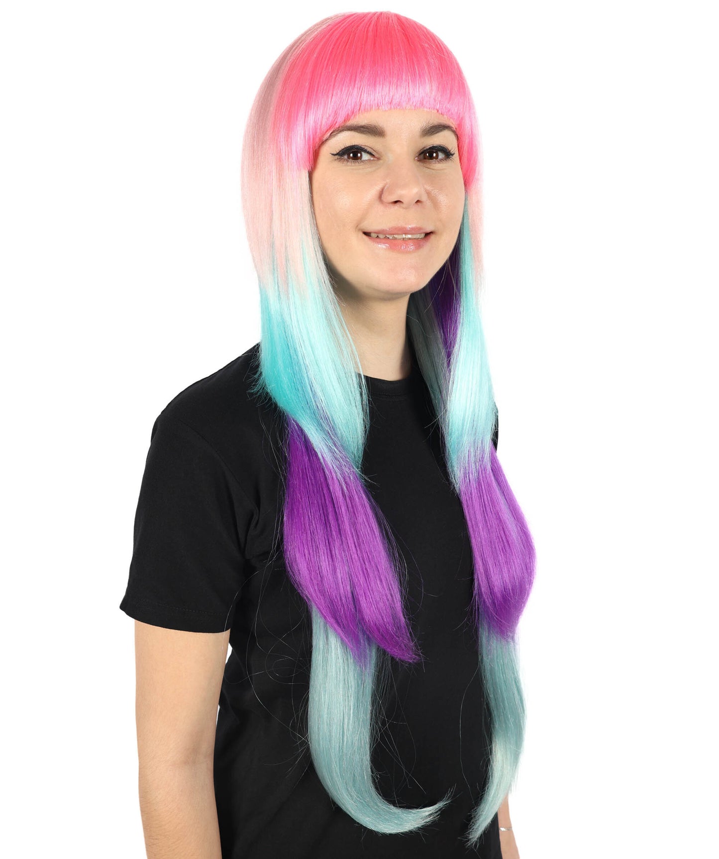HPO Adult Women Neon Colorful Cosplay Wigs - Long Smooth Hairpiece with Fringe Layers, Perfect for Anime, Roleplay and Halloween, Premium Breathable Capless Cap