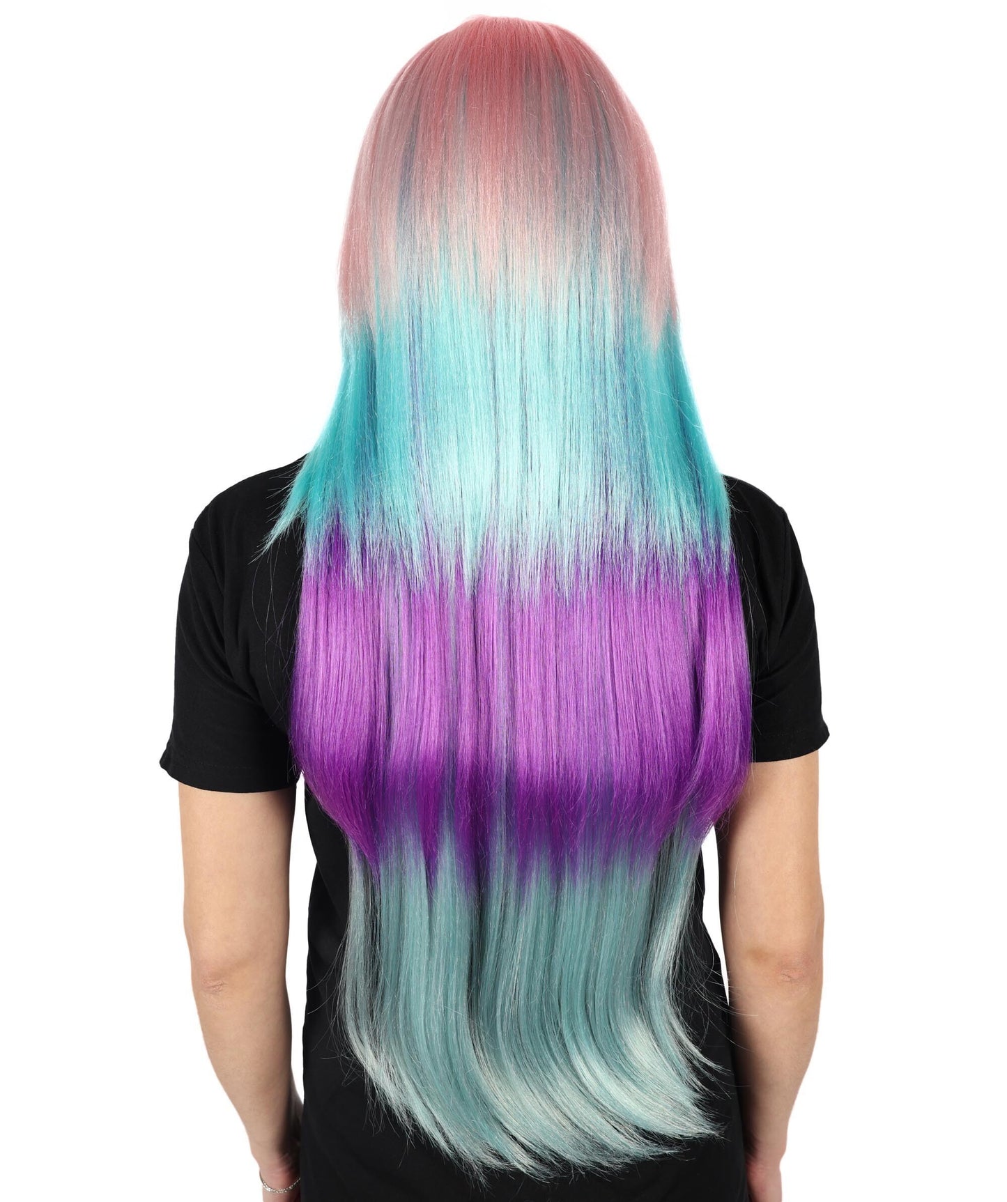 HPO Adult Women Neon Colorful Cosplay Wigs - Long Smooth Hairpiece with Fringe Layers, Perfect for Anime, Roleplay and Halloween, Premium Breathable Capless Cap