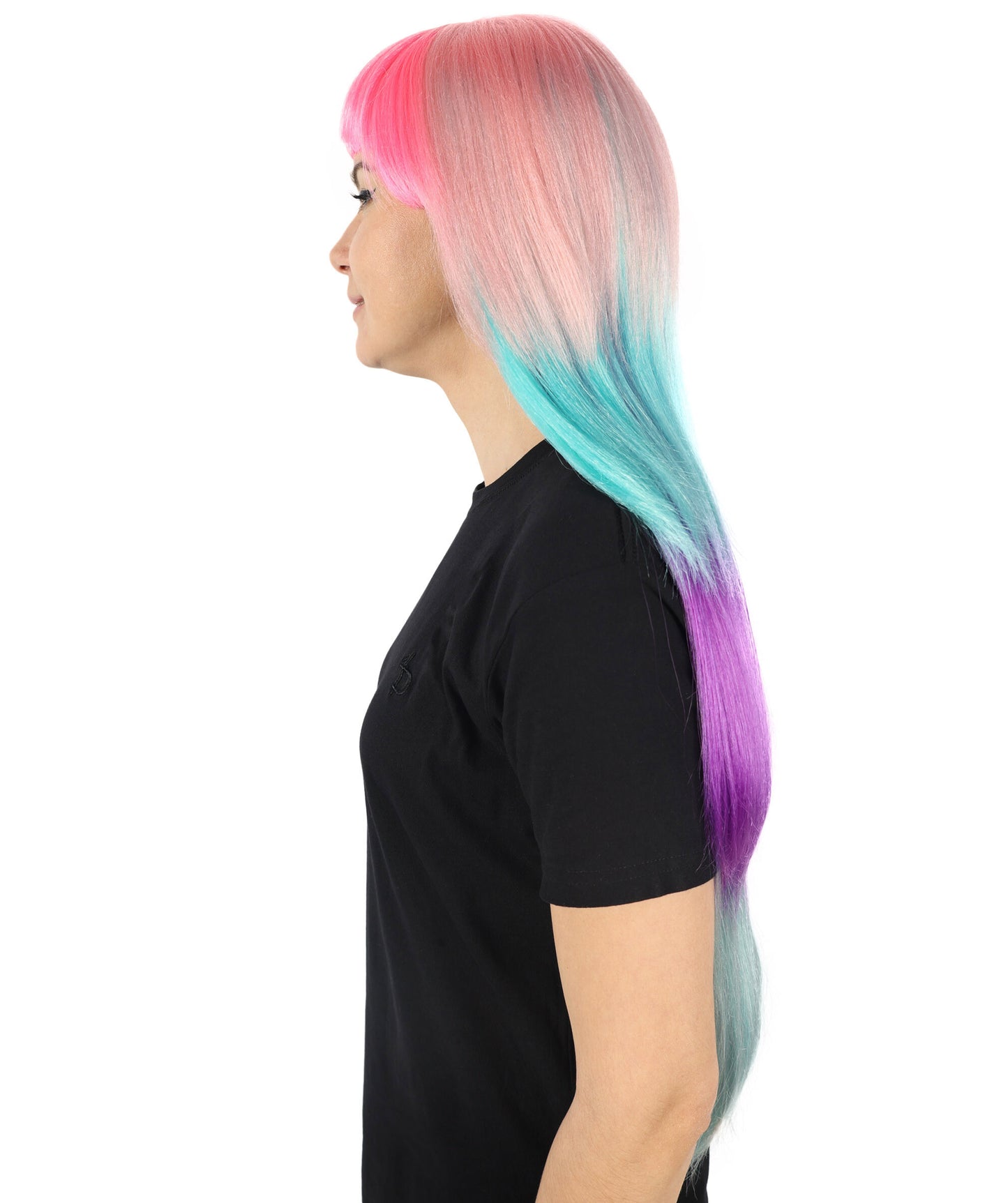 HPO Adult Women Neon Colorful Cosplay Wigs - Long Smooth Hairpiece with Fringe Layers, Perfect for Anime, Roleplay and Halloween, Premium Breathable Capless Cap