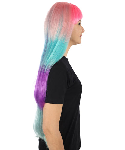 HPO Adult Women Neon Colorful Cosplay Wigs - Long Smooth Hairpiece with Fringe Layers, Perfect for Anime, Roleplay and Halloween, Premium Breathable Capless Cap