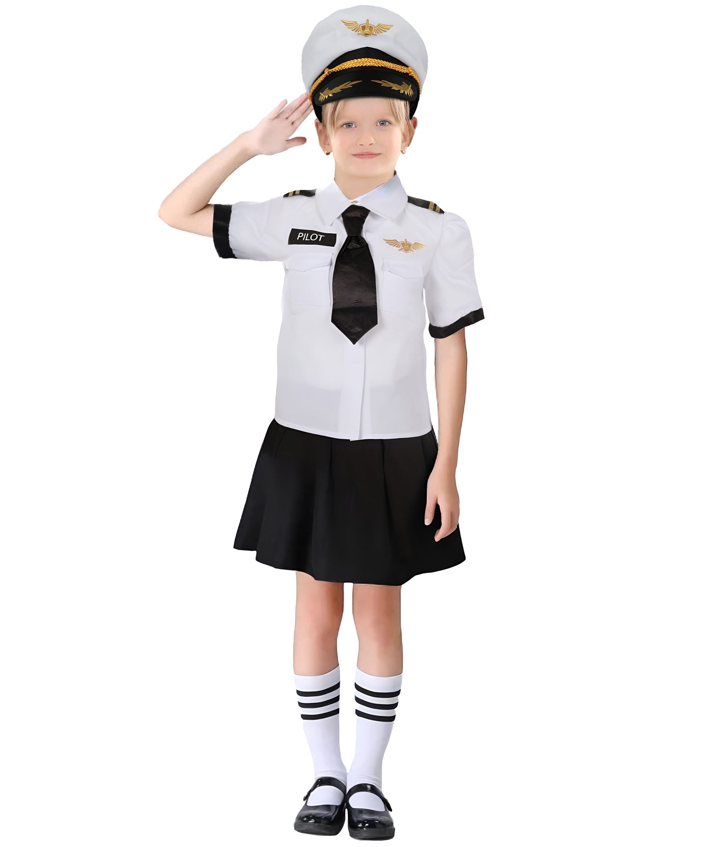 HPO Teens Airline Captain Uniform Pilot Black & White Costume | Suitable for Halloween | Flame-retardant Synthetic Fabric