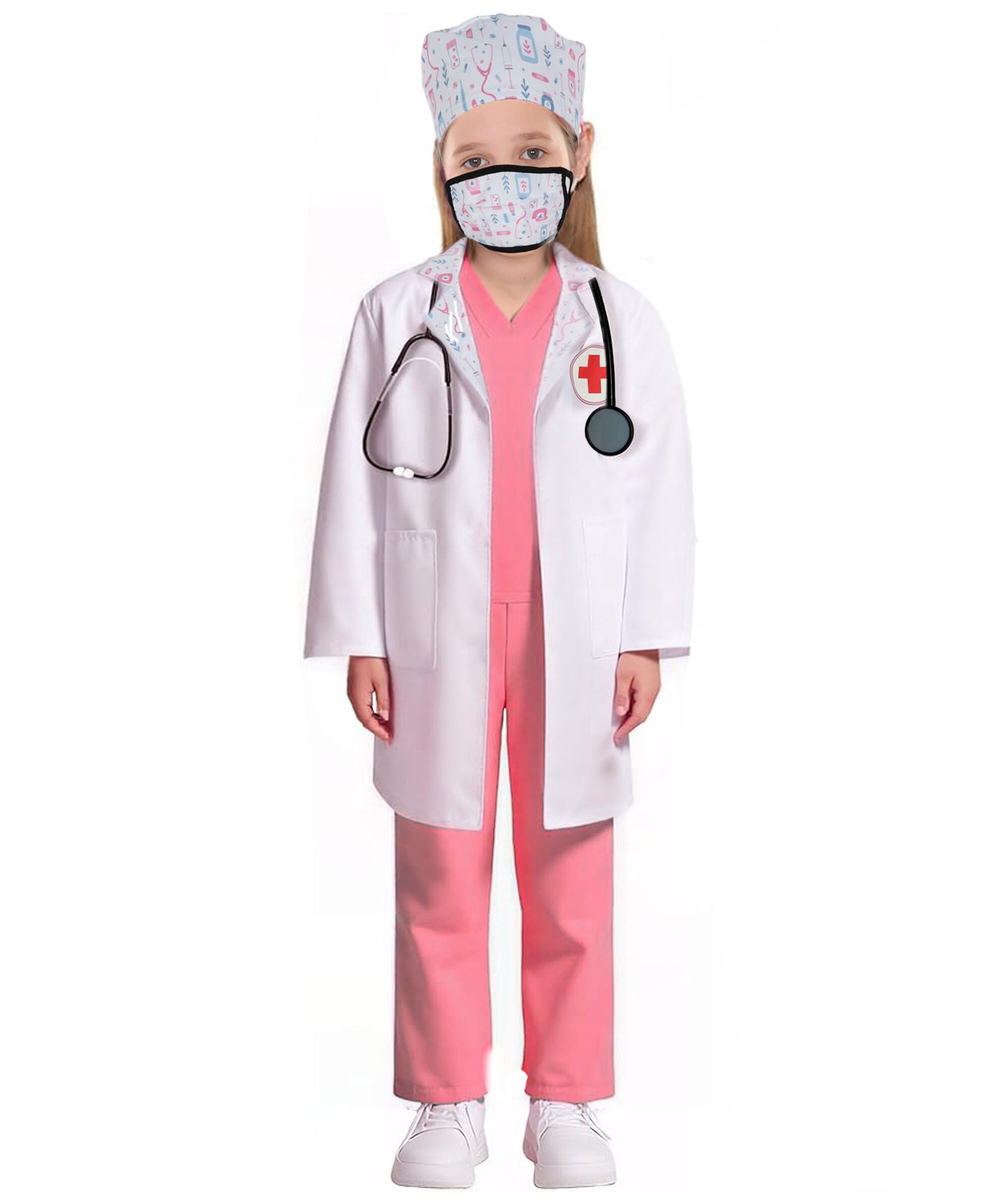 HPO Teen's Play Medical Outfit White and Pink Doctor Costume Set with accessories | Suitable for Halloween | Flame-retardant Synthetic Fabric