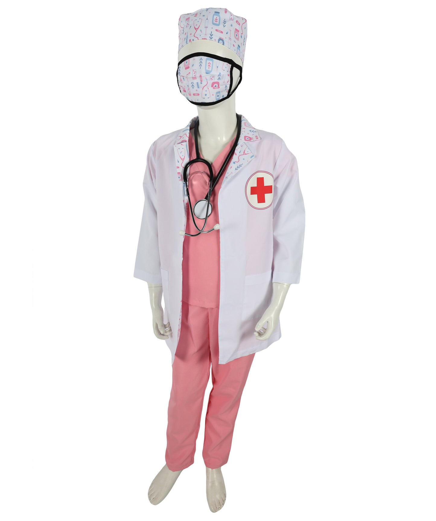HPO Teen's Play Medical Outfit White and Pink Doctor Costume Set with accessories | Suitable for Halloween | Flame-retardant Synthetic Fabric