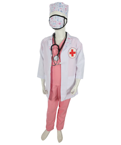 HPO Teen's Play Medical Outfit White and Pink Doctor Costume Set with accessories | Suitable for Halloween | Flame-retardant Synthetic Fabric