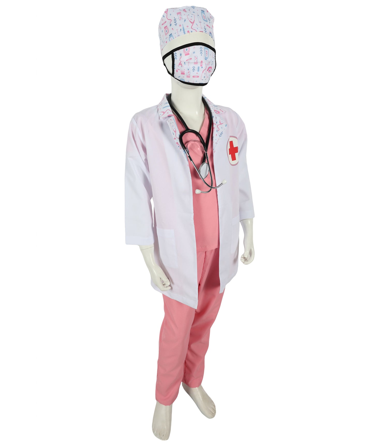 HPO Teen's Play Medical Outfit White and Pink Doctor Costume Set with accessories | Suitable for Halloween | Flame-retardant Synthetic Fabric