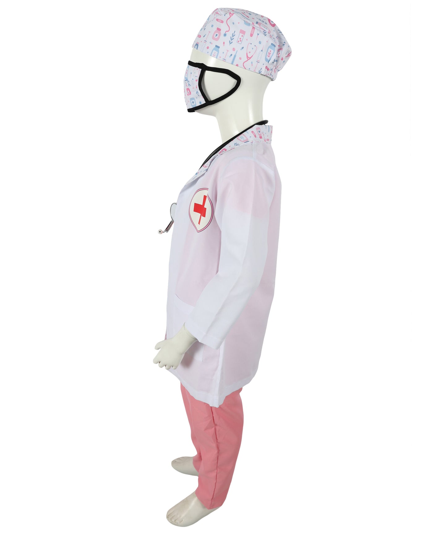 HPO Teen's Play Medical Outfit White and Pink Doctor Costume Set with accessories | Suitable for Halloween | Flame-retardant Synthetic Fabric