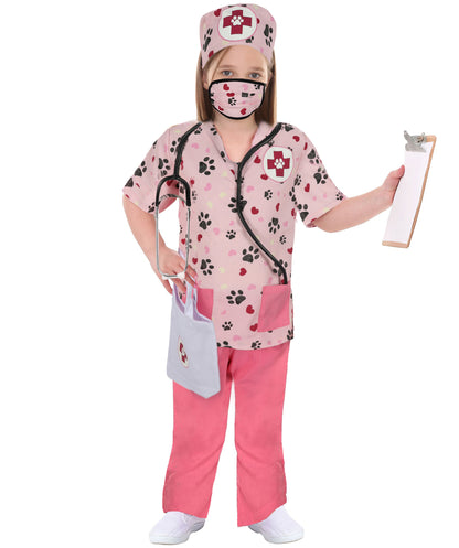 HPO Teen's Pink Paw Print Animal Doctor Veterinarian Costume Set with Accessories | Suitable for Halloween | Flame-retardant Synthetic Fabric