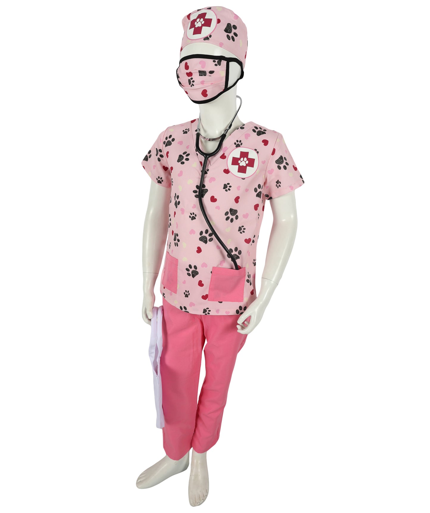 HPO Teen's Pink Paw Print Animal Doctor Veterinarian Costume Set with Accessories | Suitable for Halloween | Flame-retardant Synthetic Fabric