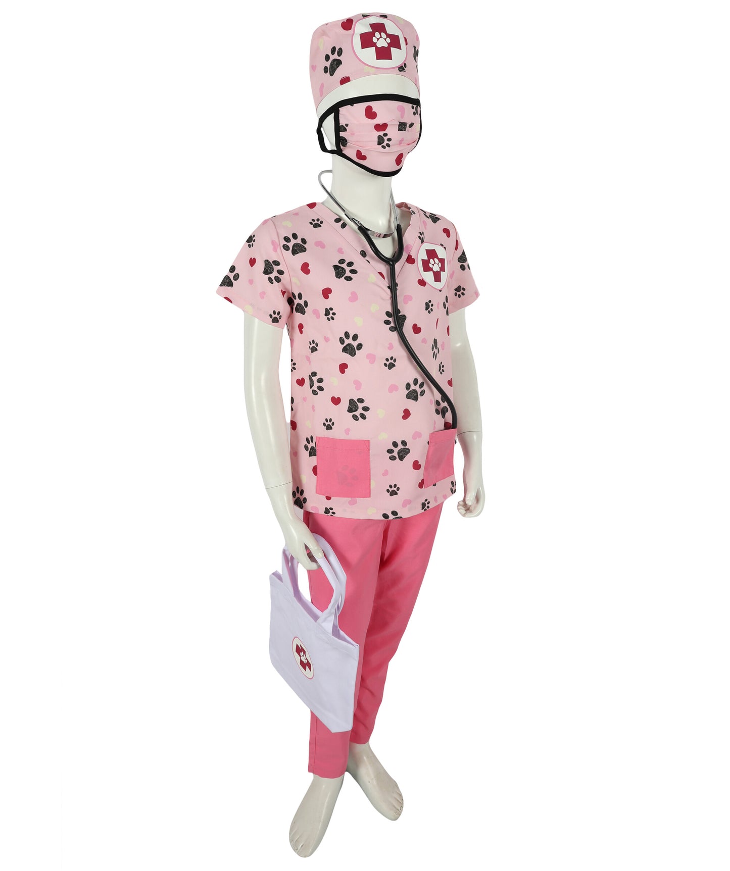 HPO Teen's Pink Paw Print Animal Doctor Veterinarian Costume Set with Accessories | Suitable for Halloween | Flame-retardant Synthetic Fabric