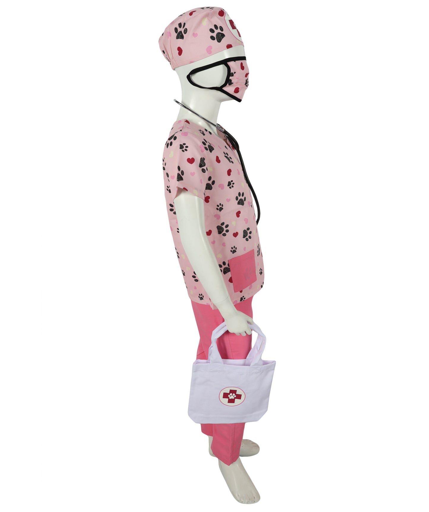 HPO Teen's Pink Paw Print Animal Doctor Veterinarian Costume Set with Accessories | Suitable for Halloween | Flame-retardant Synthetic Fabric
