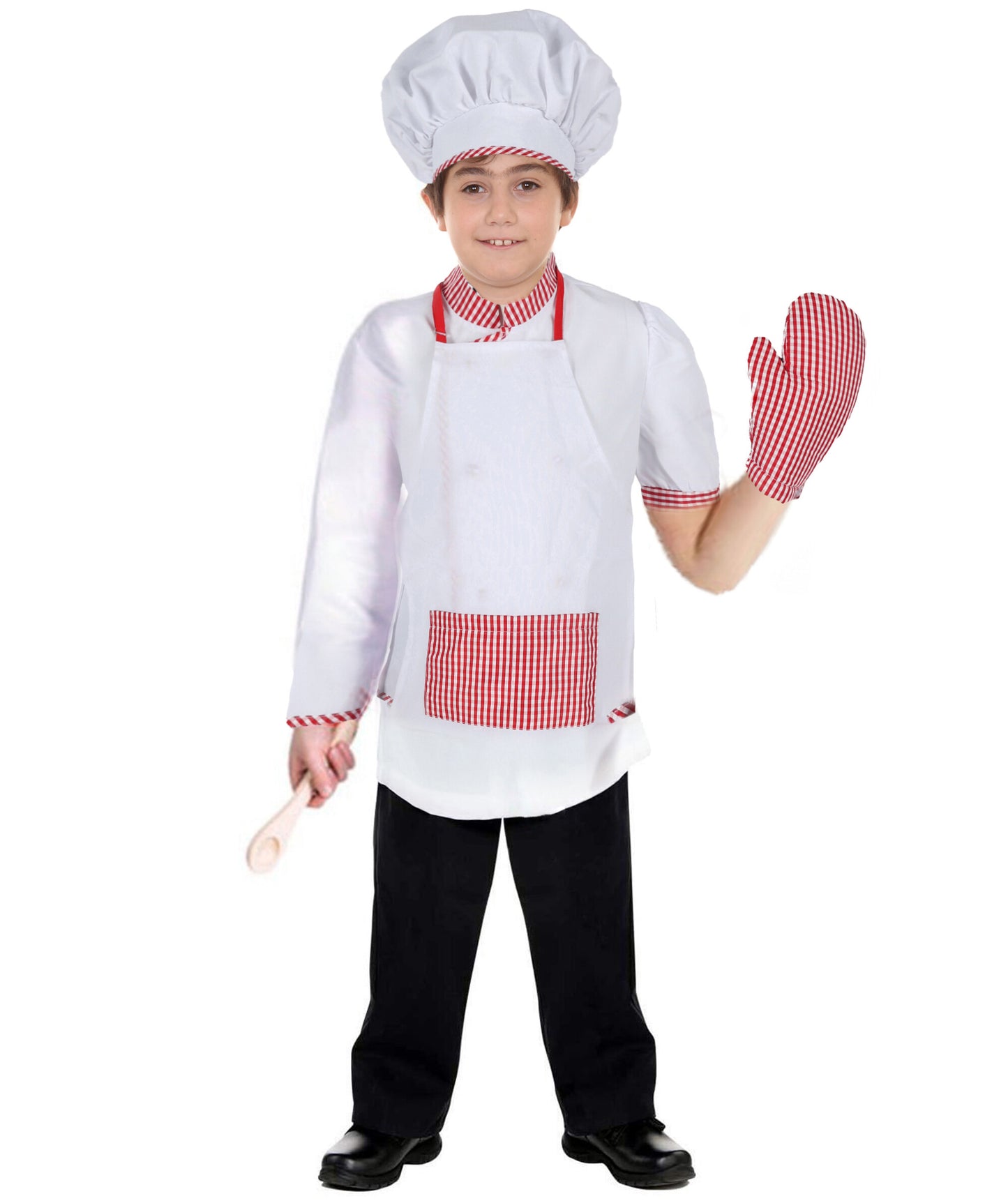 HPO Teen's Pretend Play Cooking Chef Pink & White Costume Set with Apron, Hat, Mittens & Accessories | Suitable for Halloween | Flame-retardant Synthetic Fabric