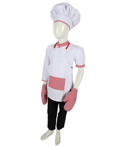 HPO Teen's Pretend Play Cooking Chef Pink & White Costume Set with Apron, Hat, Mittens & Accessories | Suitable for Halloween | Flame-retardant Synthetic Fabric