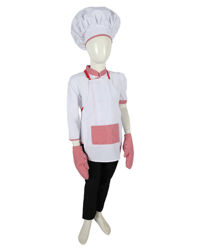 HPO Teen's Pretend Play Cooking Chef Pink & White Costume Set with Apron, Hat, Mittens & Accessories | Suitable for Halloween | Flame-retardant Synthetic Fabric
