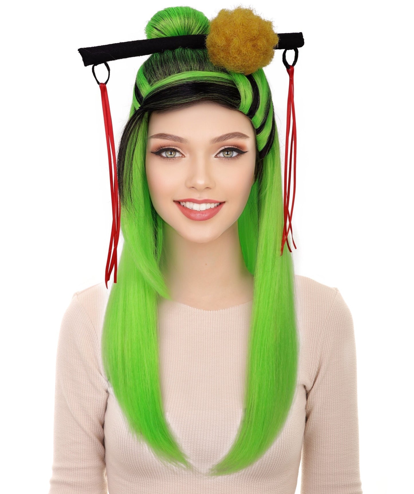 HPO Teen's Long Straight Wig in Fiery Green and Black| Halloween and Cosplay Wig | Flame-retardant Synthetic Fiber