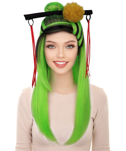 HPO Teen's Long Straight Wig in Fiery Green and Black| Halloween and Cosplay Wig | Flame-retardant Synthetic Fiber