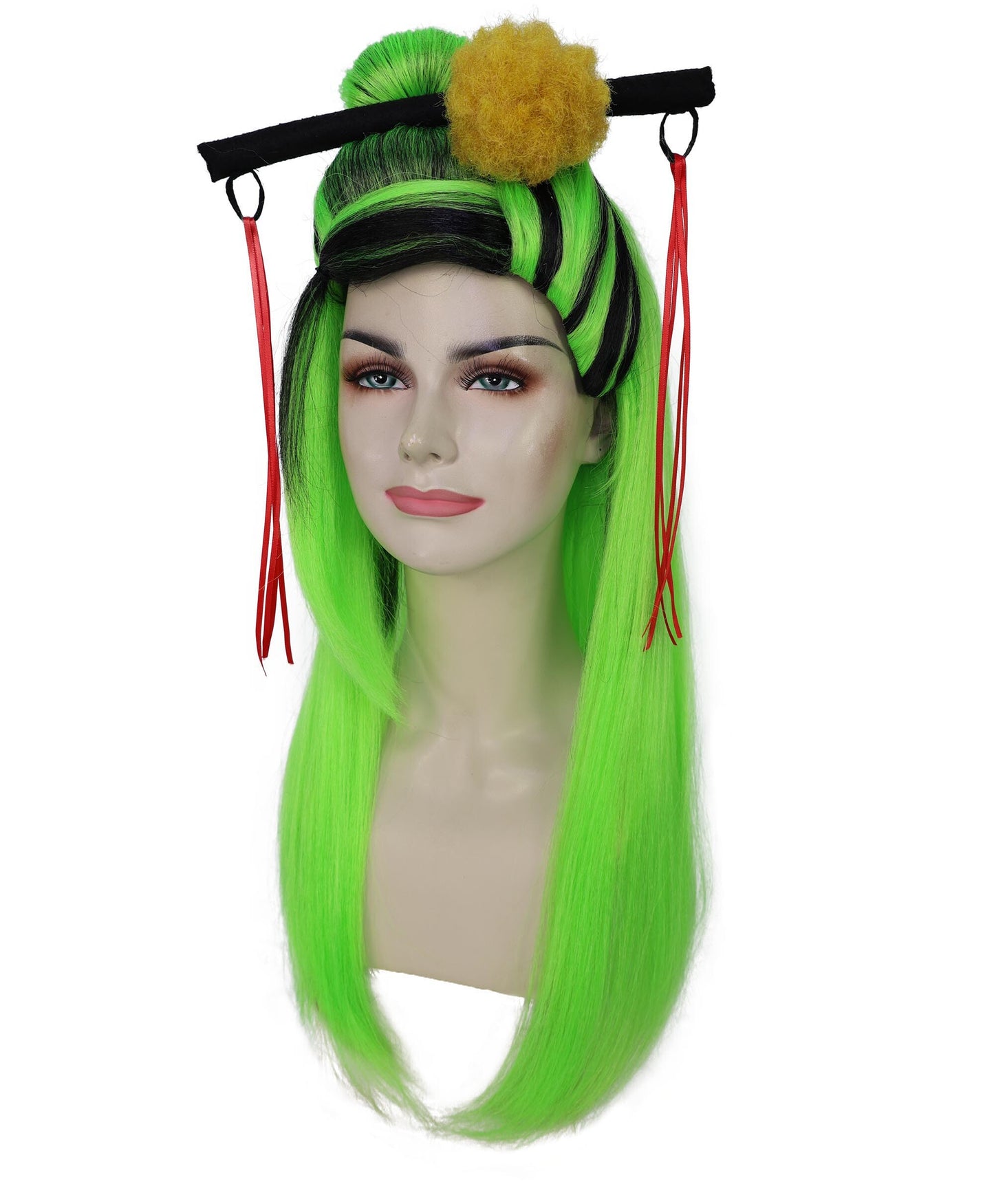 HPO Teen's Long Straight Wig in Fiery Green and Black| Halloween and Cosplay Wig | Flame-retardant Synthetic Fiber