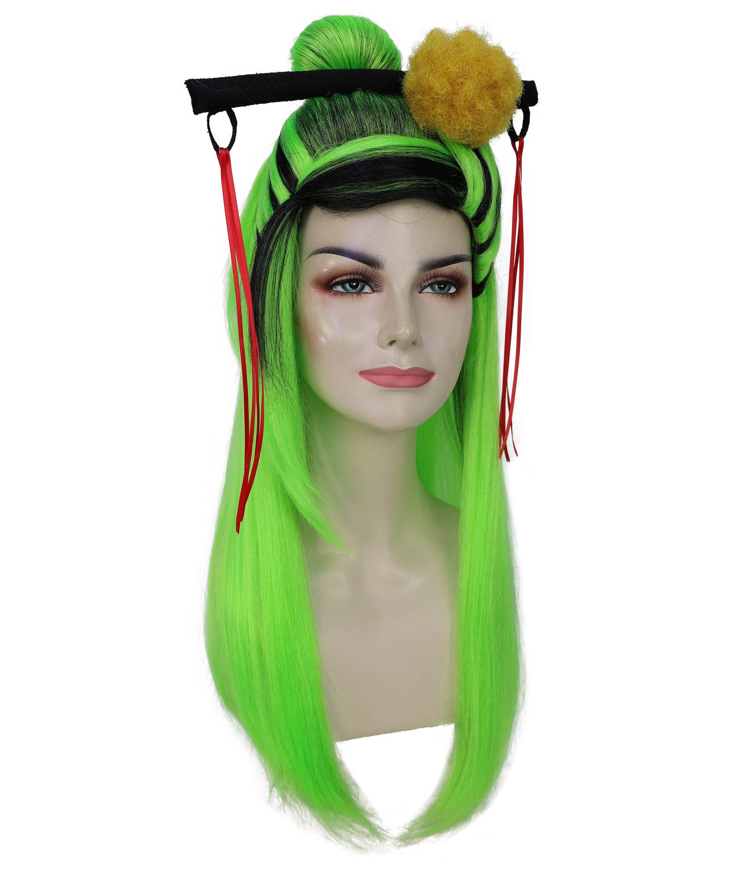 HPO Teen's Long Straight Wig in Fiery Green and Black| Halloween and Cosplay Wig | Flame-retardant Synthetic Fiber