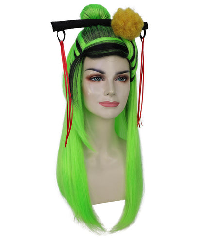 HPO Teen's Long Straight Wig in Fiery Green and Black| Halloween and Cosplay Wig | Flame-retardant Synthetic Fiber