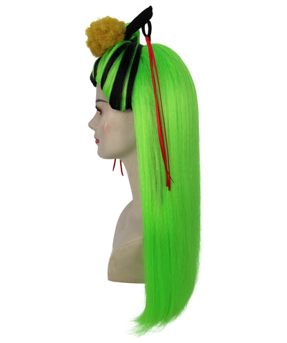 HPO Teen's Long Straight Wig in Fiery Green and Black| Halloween and Cosplay Wig | Flame-retardant Synthetic Fiber