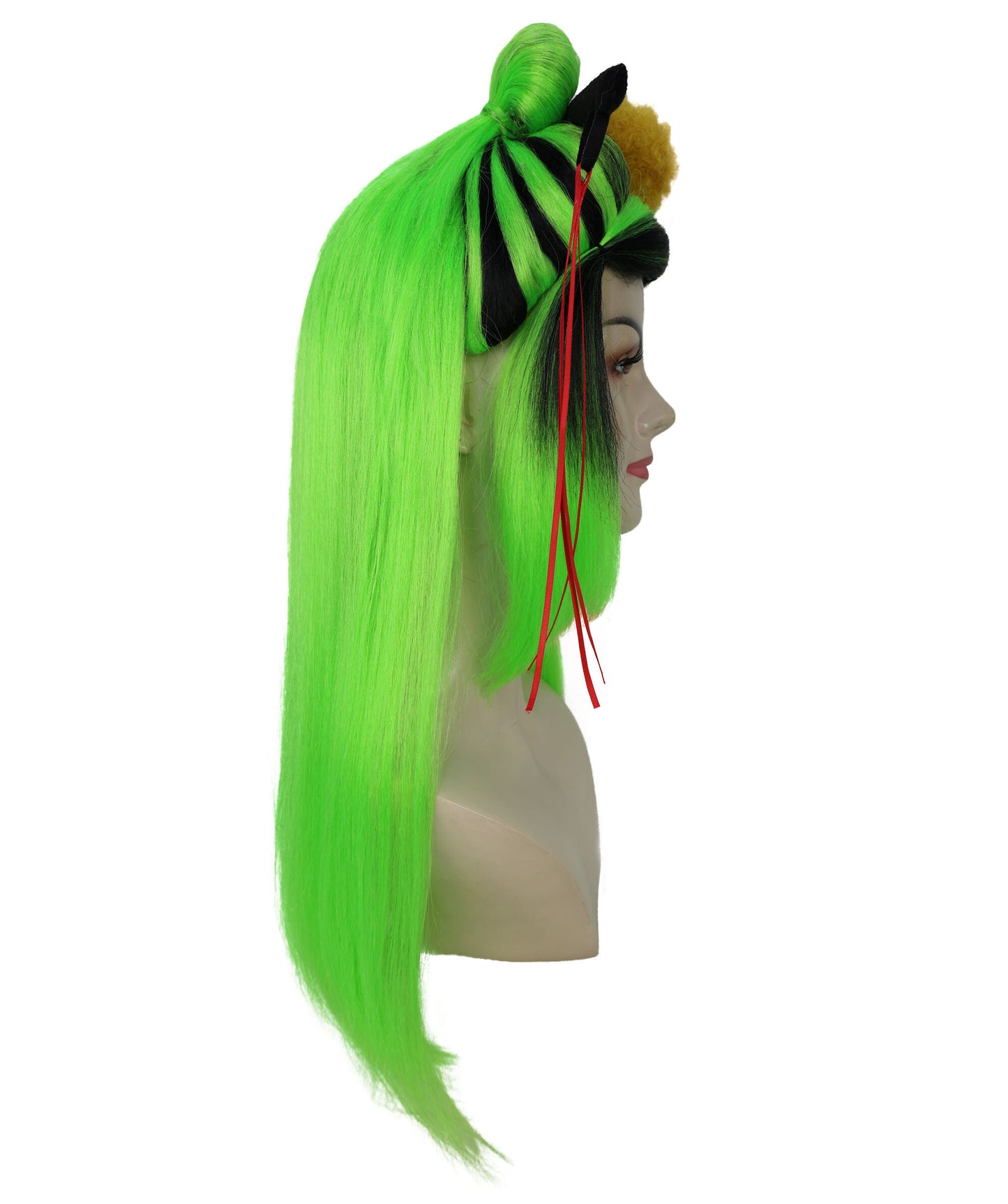 HPO Teen's Long Straight Wig in Fiery Green and Black| Halloween and Cosplay Wig | Flame-retardant Synthetic Fiber
