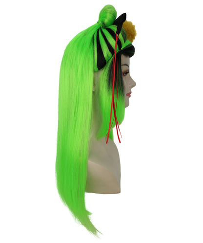 HPO Teen's Long Straight Wig in Fiery Green and Black| Halloween and Cosplay Wig | Flame-retardant Synthetic Fiber