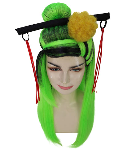 HPO Teen's Long Straight Wig in Fiery Green and Black| Halloween and Cosplay Wig | Flame-retardant Synthetic Fiber