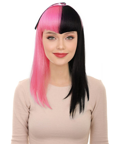 HPO Teen Vampire Schoolgirl Pink and Black Wavy Gothic Wig  | Halloween and Cosplay Wig | Flame-retardant Synthetic Fiber