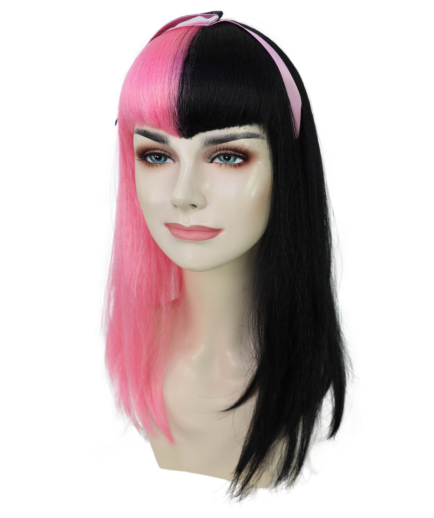 HPO Teen Vampire Schoolgirl Pink and Black Wavy Gothic Wig  | Halloween and Cosplay Wig | Flame-retardant Synthetic Fiber