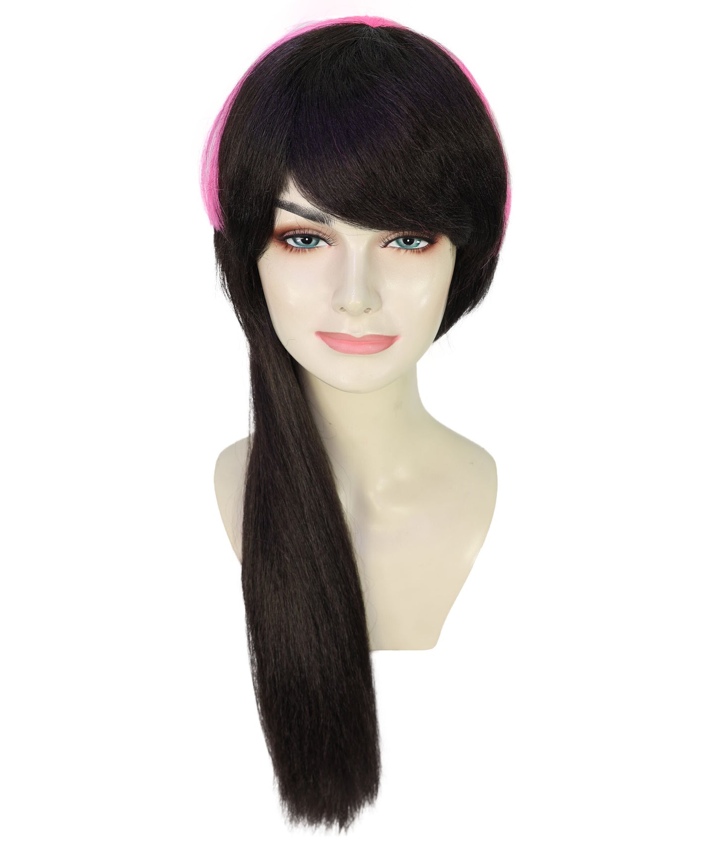 HPO Adult Women’s Dark Brown and Pink Extravagant Punky Wig with Bob | Two Tone Hairpiece | Ideal for Halloween | Breathable Capless Cap