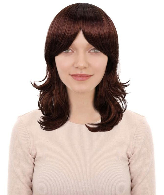 HPO Adult Women's  WIG Shag Wavy Dark Auburn Wigs for Perfect for 70s Disco, Halloween and Cosplay, Themed Events