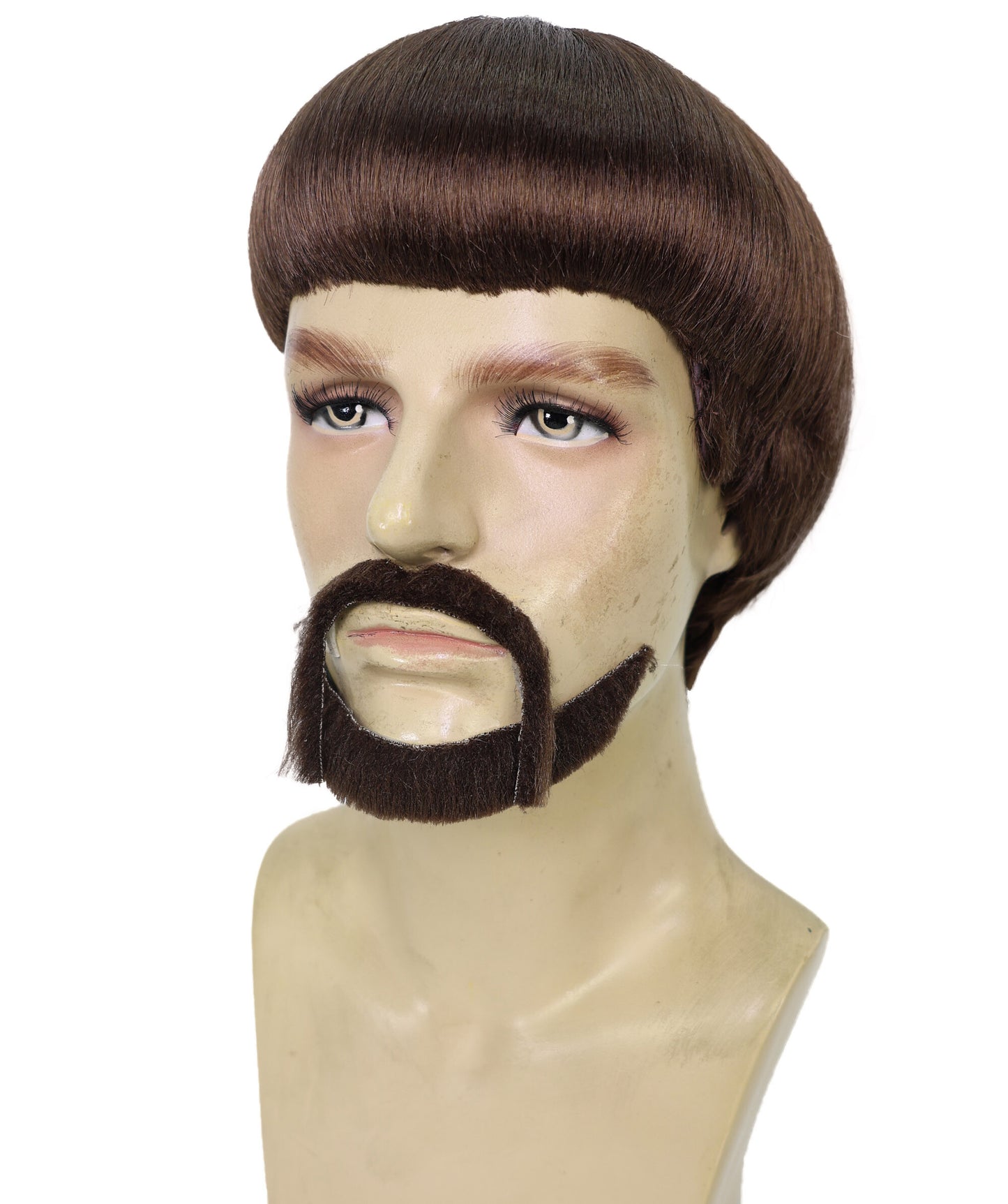 HPO Men’s Black Retro Bowl Cut Wig Mustache & Beard Set | Funny Party & Cosplay Accessory | Ideal for Halloween and Cosplay | Breathable Cap
